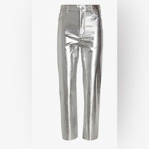 High Waisted Silver Faux Leather Straight Leg Pant